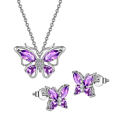 925 Sterling Silver Birthstone Butterfly Jewelry Women Crystal Animal Cute Butterflies Birthday Necklace/Earring/Ring/Bracelet Sets Birth Stone Statement Anniversary Jewellery - color: 1-B.February-Amethyst