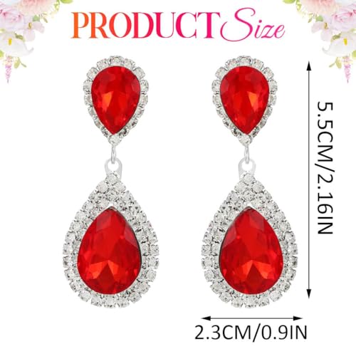 Unicra Silver Rhinestone Teardrop Earrings Crystal Wedding Bridal Dangle Earrings Prom Drop Earrings for Women and Brides - color: Red