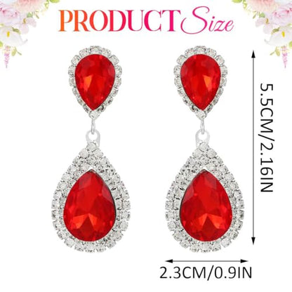 Unicra Silver Rhinestone Teardrop Earrings Crystal Wedding Bridal Dangle Earrings Prom Drop Earrings for Women and Brides - color: Red