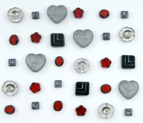 65+ pcs (2.1oz=60g) of Focal Glass Bead Mix with Table-Cut Hawaii Flower and Heart with Rose Beads, PG Gray Red - color: Focal Gray Red