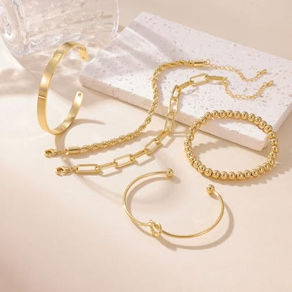 PLOMFOV Gold Bracelets for Women Stack Non Tarnish 14K Gold Plated Chunky Gold Bangles Bracelet Set Beaded Paperclip Chain Cuban Link Dainty Trendy Waterproof Stackable Cuff Bracelets Jewelry Gifts for Women - color: 5Pcs Gold-Bead Set