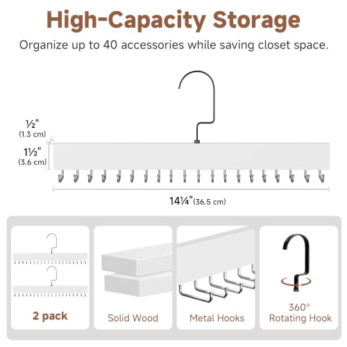StorageWorks Tie Hanger with 20 Swivel Hooks, 2 Pack Wooden Hanger, White | Sturdy White Tie Wooden Hanger with 180° Swivel Hooks, Space Saver Rack for Ties, Belts, Scarves in Closet - color: White