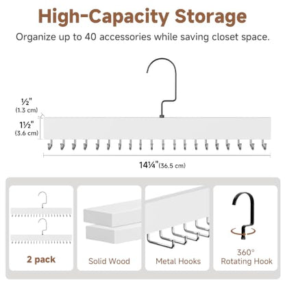 StorageWorks Tie Hanger with 20 Swivel Hooks, 2 Pack Wooden Hanger, White | Sturdy White Tie Wooden Hanger with 180° Swivel Hooks, Space Saver Rack for Ties, Belts, Scarves in Closet - color: White
