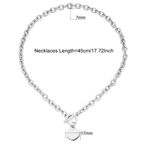 WangGao Elegent Love Stainless Steel Link Chain Blank Heart Charms Necklace for Women Toggle Clasp Closure - color: Silver, size: 17.72inches