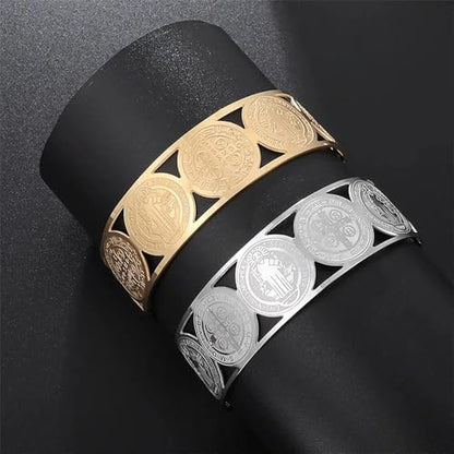 My Daily Styles Stainless Steel Cross St. Benedict Religious Christian Open End Cuff Bangle