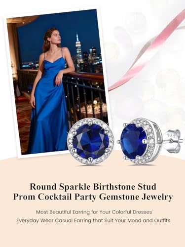 Bestyle Authentic 925 Sterling Silver 2 Carat Birthstone Earrings for Women, More Sparkle Heart/Round Solitaire Diamond Studs Earrings, Great Birthday/Christmas/Anniversary Jewelry for Wife Mother - color: 09. Sept. Sapphire-Round