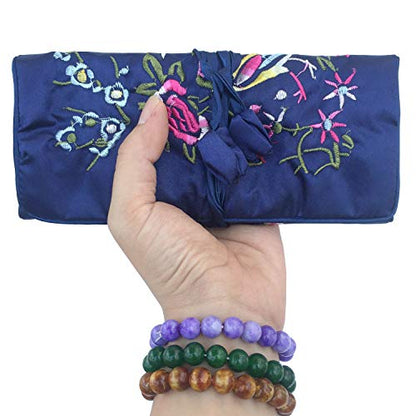 Travel Jewelry Roll Bag - Silk Embroidered Brocade Pouch for Rings, Necklaces, Earrings, Bracelets | Lightweight & Tie Closure (Navy Blue) - color: Navy Blue
