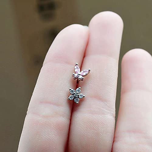 CZ Butterfly Flower Top L Bend Stud Nose Ring 20G L Shaped Nose Studs Nose Hoop Rings Nose Body Piercing for Women Mens - color: white pink