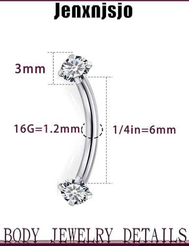 Jenxnjsjo F136 Titanium 16g 6/8/10mm Eyebrow/Rook/Snug/Vertical-Labret/VCH/Snake-Eyes/Anti-Tragus/Christina/Daith/Belly-Button/Bridge/Hood/Surface Curved Barbell Piercing Jewelry for Women Men - size: ['6mm']