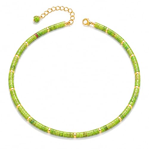 Natural Heishi Gemstone Choker Necklace for Women, Adjustable 15"+2" Beaded Layering Necklace, Coastal Beach Jewelry Gift for Her - color: Imperial Turquoise