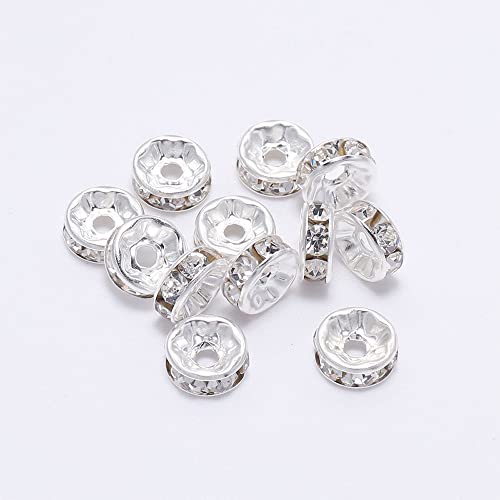 200PCS Rondelle Spacer Beads 10mm Silver Plated Czech White Crystal Rhinestone for Jewelry Making - color: 200Pcs Silver Plated/White, size: 10mm
