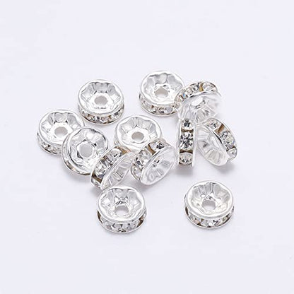 200PCS Rondelle Spacer Beads 10mm Silver Plated Czech White Crystal Rhinestone for Jewelry Making - color: 200Pcs Silver Plated/White, size: 10mm