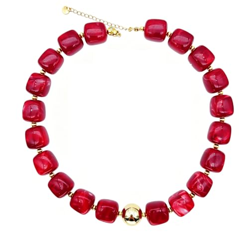 Red Beaded Necklace for Women Chunky Beaded Necklace Adjustable Acrylic Bead Choker Necklaces Big Statement Necklaces Jewelry Accessories - color: 15MMSquareBead