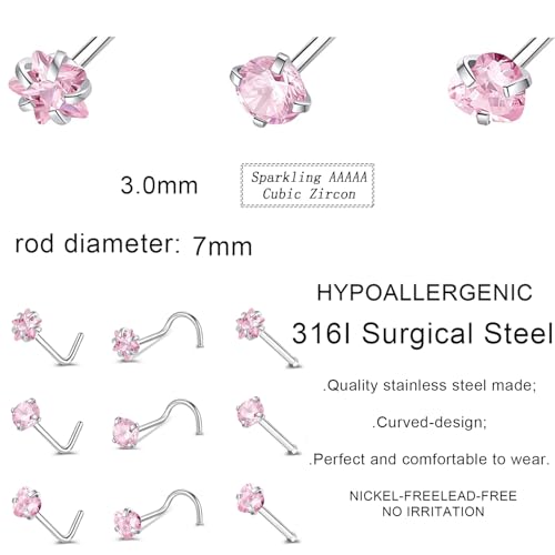 9PCS 20g Stainless Steel 316L Nose Studs Set | Hypoallergenic L-Shaped Screw & Bone Nose Rings, Round Heart Star Pink Cubic Zirconia Nose Piercing Jewelry for Women Men - style: studs001