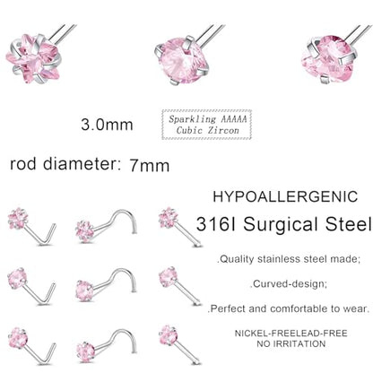 9PCS 20g Stainless Steel 316L Nose Studs Set | Hypoallergenic L-Shaped Screw & Bone Nose Rings, Round Heart Star Pink Cubic Zirconia Nose Piercing Jewelry for Women Men - style: studs001