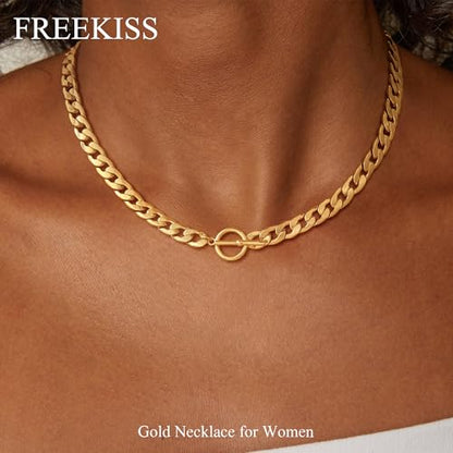 Freekiss 3-Piece Layered Toggle Necklace for Women | Gold/Silver necklace set with herringbone, rope, and paperclip chains plus a toggle clasp for layering, parties, and gifts - color: Toggle Style2 Gold