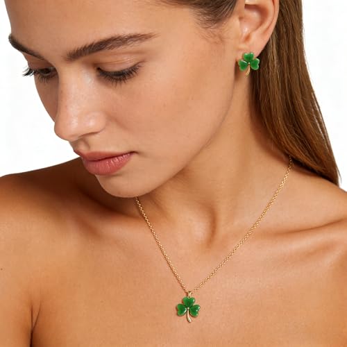 Gold Silver Stud Earrings Pendent Necklace Sets for Women, Dainty Rhinestone Crystal Necklace Earing Jewelry Set Wedding Accessories Fashion Holiday Gift - color: Clover Leaf 3