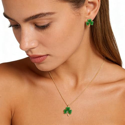 Gold Silver Stud Earrings Pendent Necklace Sets for Women, Dainty Rhinestone Crystal Necklace Earing Jewelry Set Wedding Accessories Fashion Holiday Gift - color: Clover Leaf 3
