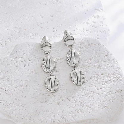 Gold Dangle Earrings for Women,Chunky 14K Gold Plated Drop Dangle Stud Earrings Long Statement Hammered Earring Hypoallergenic Jewelry for Women Gifts - style: Irregular Hammered-Silver