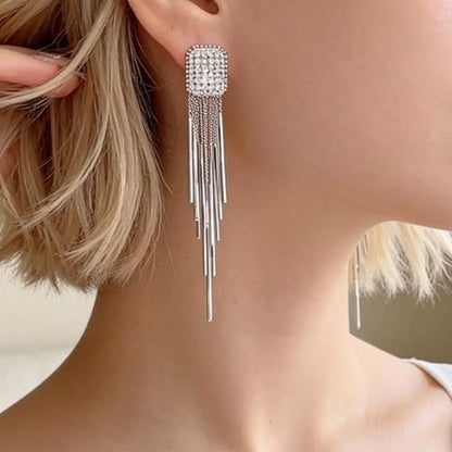 Rhinestone Tassel Earrings for Women, Elegant Long Silver Dangle Earrings for Wedding Party Formal Event Fashion Jewelry