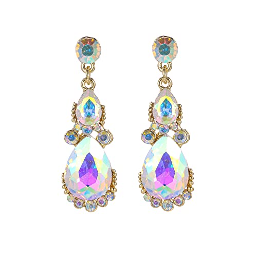 Women's Wedding Bridal Austrian Crystal Glass Teardrop Statement Necklace Dangle Earrings Bracelet Ring Wedding Party Jewelry Set for Bridal Bridesmaid - color: AB Crystal-Gold Plated