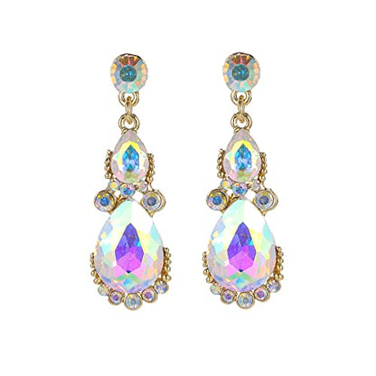 Women's Wedding Bridal Austrian Crystal Glass Teardrop Statement Necklace Dangle Earrings Bracelet Ring Wedding Party Jewelry Set for Bridal Bridesmaid - color: AB Crystal-Gold Plated