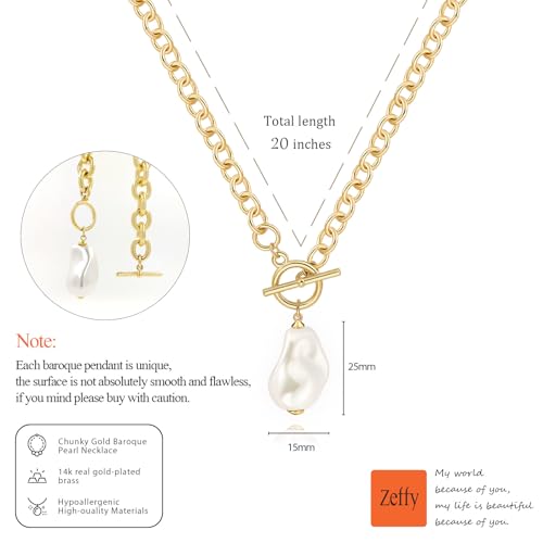 Zeffy 14K Gold/Silver Plated Chunky Thick Chain Toggle Clasp Necklace Dainty Baroque Pearl/Heart/Cross/Turquoise Pendant Necklace - color: Gold Baroque Pearl Necklace