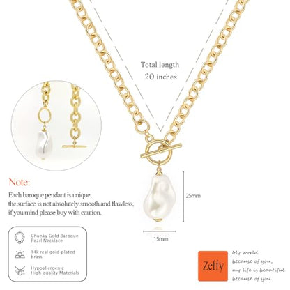 Zeffy 14K Gold/Silver Plated Chunky Thick Chain Toggle Clasp Necklace Dainty Baroque Pearl/Heart/Cross/Turquoise Pendant Necklace - color: Gold Baroque Pearl Necklace