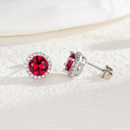 YOMELA Round Cubic Zirconia Stud Earrings for Women | Everyday Dainty, Diamond-Like Brilliance, CZ Halo Birthstone Studs, Hypoallergenic & Lightweight, Elegant & Versatile - color: Ruby Red