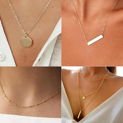 Layered Necklace Pendant Handmade Dainty Choker Bar Layering Long Necklace for Women(Silver) - color: Gold