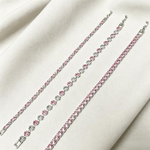3Pcs Women Stackable 14K Gold Plated Tennis Bracelet with Colorful CZ | Dainty Classic Everyday Jewelry 14K Gold Plated Colorful Cubic Zirconia Tennis Bracelet Created Diamond for Wedding 7 inches - color: silver pink