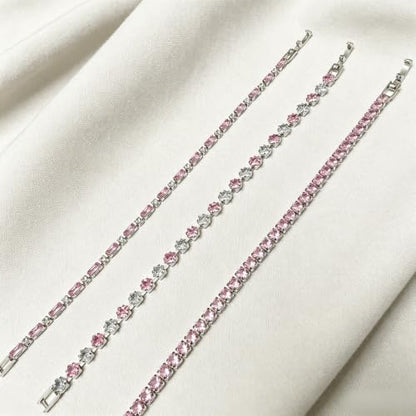 3Pcs Women Stackable 14K Gold Plated Tennis Bracelet with Colorful CZ | Dainty Classic Everyday Jewelry 14K Gold Plated Colorful Cubic Zirconia Tennis Bracelet Created Diamond for Wedding 7 inches - color: silver pink