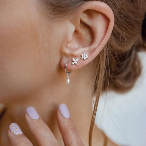Sterling Silver Earrings Stacks for Women, Hypoallergenic Cartilage Earring | Dainty Stud Huggie Hoop Dangle Chain Earrings, 14K Gold/White Gold Plated - color: 3Pairs-Pearl Flower Set-Silver