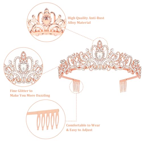 Crystal Tiara Crown Headband Princess Elegant Tiara with Combs for Women Young Ladies Bridal Wedding Prom Birthday Party, Rose Gold - color: Rose Gold