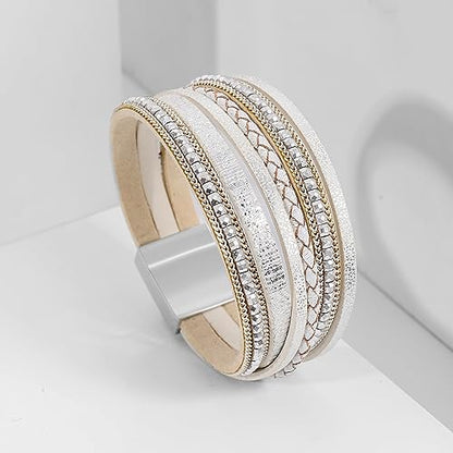 ZMANYIJEW Leather Wrap Bracelets for Women,Boho Cuff Bracelets Multi-Layer Crystal Beads Cuff Bracelet Multilayered Leopard Leather Braided Bangle Wrist Cuff Bangles - style: white
