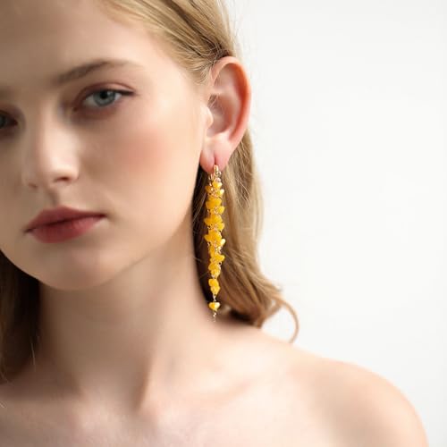 Fringe Hoop Dangle Earrings, Long Beads Tassel Chain Earrings for Women Sparkly Chandelier Earrings - color: Yellow