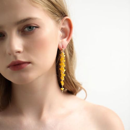 Fringe Hoop Dangle Earrings, Long Beads Tassel Chain Earrings for Women Sparkly Chandelier Earrings - color: Yellow