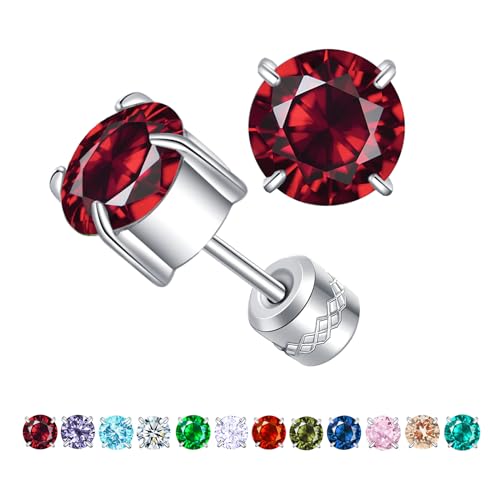 Titanium Flat Back Surgical Stainless Steel Stud Earrings for Women Men,Birthstone Stud Earrings Hypoallergenic Double Side 5A Cubic Zirconia Studs Jewelry 6mm - color: January(Garnet)