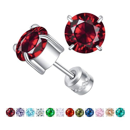 Titanium Flat Back Surgical Stainless Steel Stud Earrings for Women Men,Birthstone Stud Earrings Hypoallergenic Double Side 5A Cubic Zirconia Studs Jewelry 6mm - color: January(Garnet)