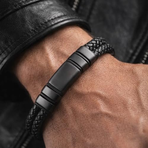 Forge & Foundry Men's Adjustable Black Leather Bracelet | Genuine Woven Leather with Snap Clasp | Design-Led, Artisan Jewelry from London [Navarro] - color: Black - Double Strand, size: X-Large