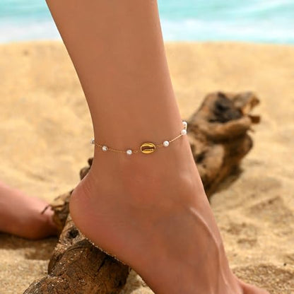 NONAMOIS 18K Gold Plated Diamond Ankle Bracelets for Women Waterproof Gold CZ Pearl Bow Link Chain Anklets Non Tarnish Summer Beach Foot Jewelry Gifts - color: Crab Claw Pearl-Gold