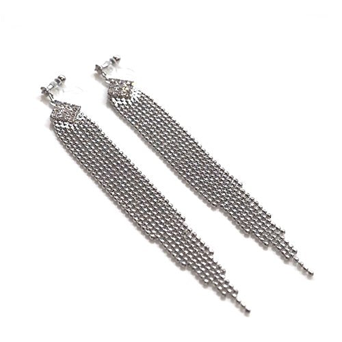 Dangle Silver Invisible Clip On Earrings for Women Not Pierced Gold Crystal Rhinestone Comfortable Hoop Fringe Long Chain Clip On Earrings - color: Fringe Silver 1