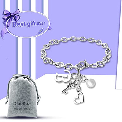 Initial A-Z Bracelets Gift for Women Girls Stainless Steel Chain Bracelet 26 Alphabet Jewelry Gifts for Birthday Anniversary Letter Bracelet Monogram Gifts for Sister Friend Girlfriends Mom 8.26 Inch - color: B