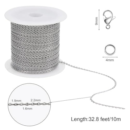 SMYHTGLIF 10 Meters Stainless Steel Jewelry Making Chain Silver Cable Chain | Rolo Chain for Jewelry Making Permanent Jewelry Chain with Lobster Clasps Jump Rings - color: Rolo Silver