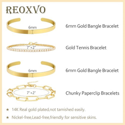 Gold Bracelets Stack Jewelry for Women Non Tarnish Waterproof | 14K Gold Plated Bangle Cuff Bracelet Set Accessories - color: Gold, style: Style B