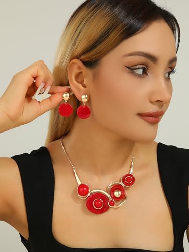 Chunky Statement Jewelry Set Vintage Retro Leaf Flower Floral Geometric Bohemian Boho Bib Necklace Earring Set Fashion Costume Jewelry for Women Girls Wedding Party Prom Unique Gift - style: circle JS gold red