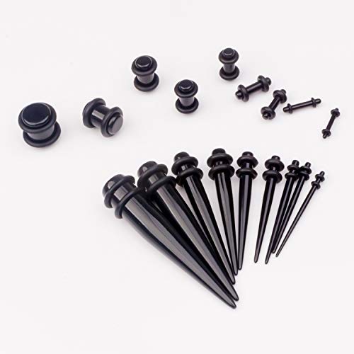 50 Pcs Ear Gauges Stretching Kit 14G-00G | Acrylic Tapers and Plugs Silicone Tunnels, Gauge Expanders Stretching Kit, Piercing Earring Jewelry for Men and Women - color: Black