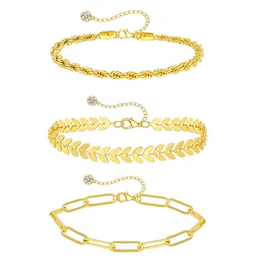 3 Pcs Gold Anklets for Women, 14K Gold Plated Stainless Steel Ankle Bracelets Set, Adjustable Leaf/Rope/Curb Link Chain Foot Jewelry for Summer Beach, Pool & Daily Wear, 8.27"+3.0"