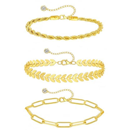 3 Pcs Gold Anklets for Women, 14K Gold Plated Stainless Steel Ankle Bracelets Set, Adjustable Leaf/Rope/Curb Link Chain Foot Jewelry for Summer Beach, Pool & Daily Wear, 8.27"+3.0"