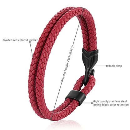 Mens Braided Leather Hook Bracelet,Two-row Leather with Black Stainless Steel Hook Clasp, Minimalist Style - color: red